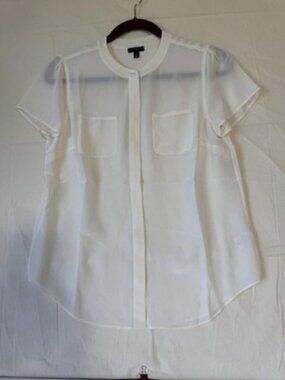 Talbots Top Womens 8P White Sheer Short Sleeve Button Front Chiffon Blouse